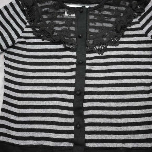 Areve Sweater Womens L Black Gray Cardigan Long Sleeve Stripe Button Knit Lace - Picture 13 of 16